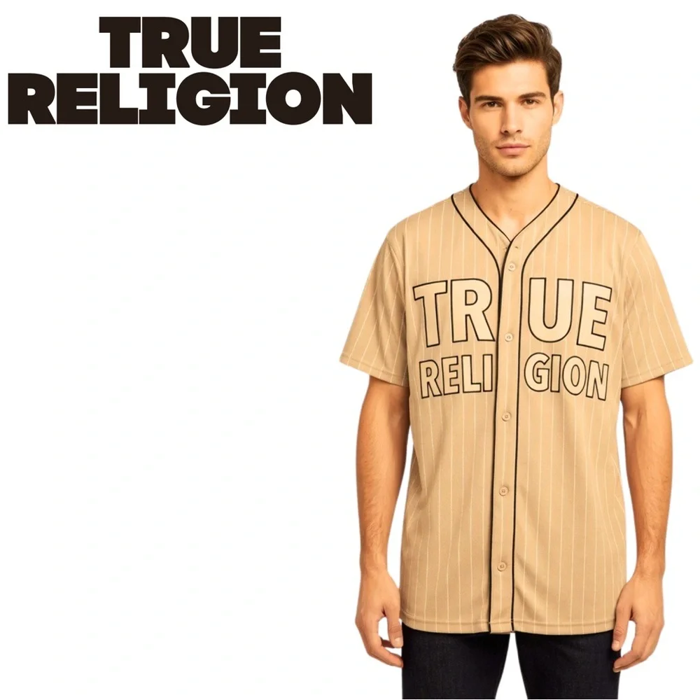 True Religion Mens Baseball Jersey Tan Khaki Pinstripe Button Front Shirt XL NEW